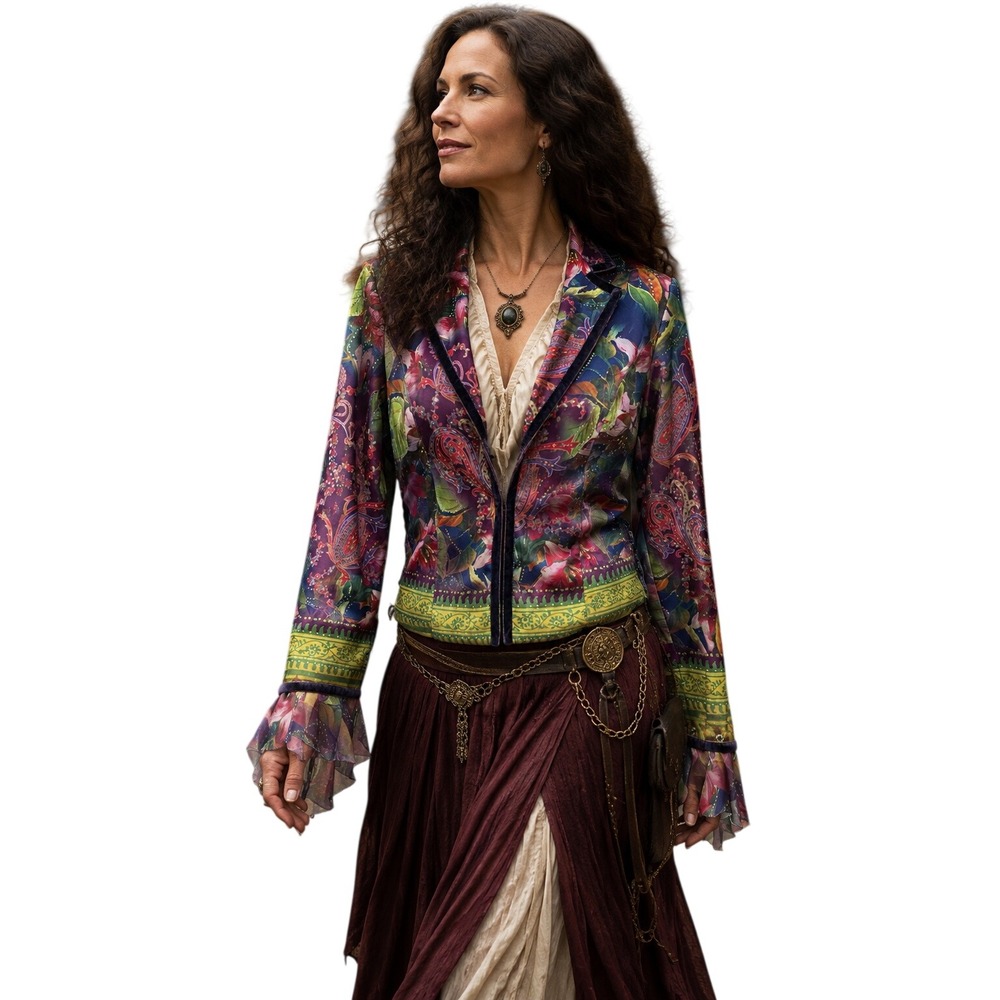 Boho Chic Paisley Satin Fitted Jacket Blazer Festival Renaissance Fair Size 6